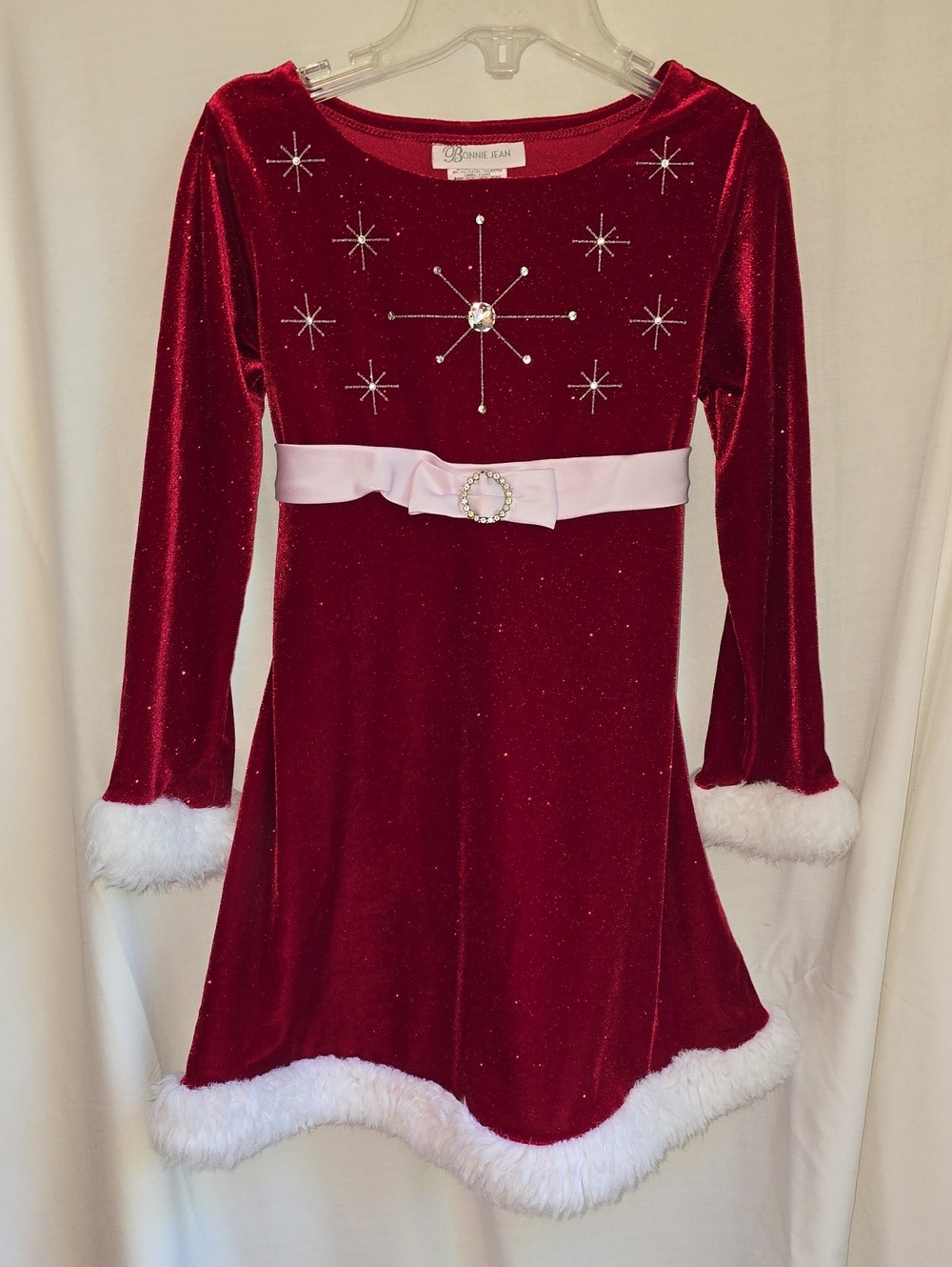 Bonnie Jean Red Velvet Holiday Dress with Pink Belt & Faux Fur Trim